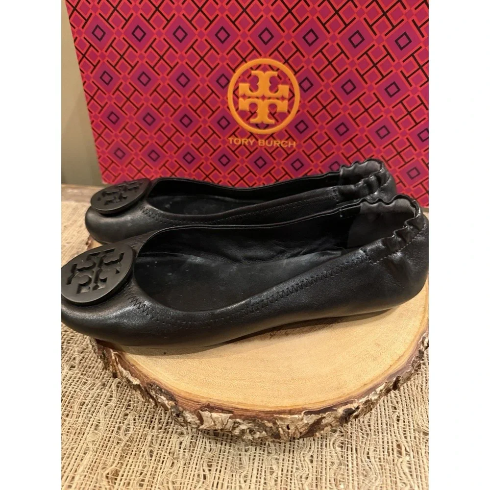 Tory Burch Minnie Travel Matte Black Leather Round Toe Ballet Flats Size 6.5